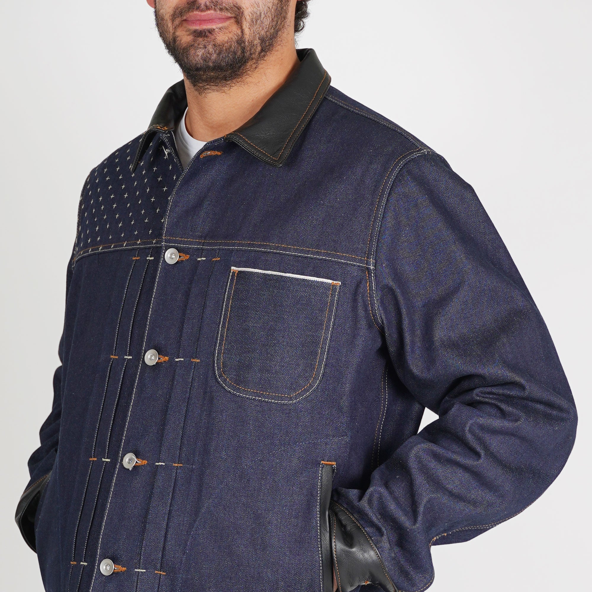Leather and Sashiko raw jacket